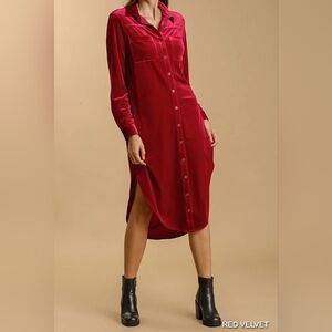 Umgee Red Velvet Button-Front Shirt Dress